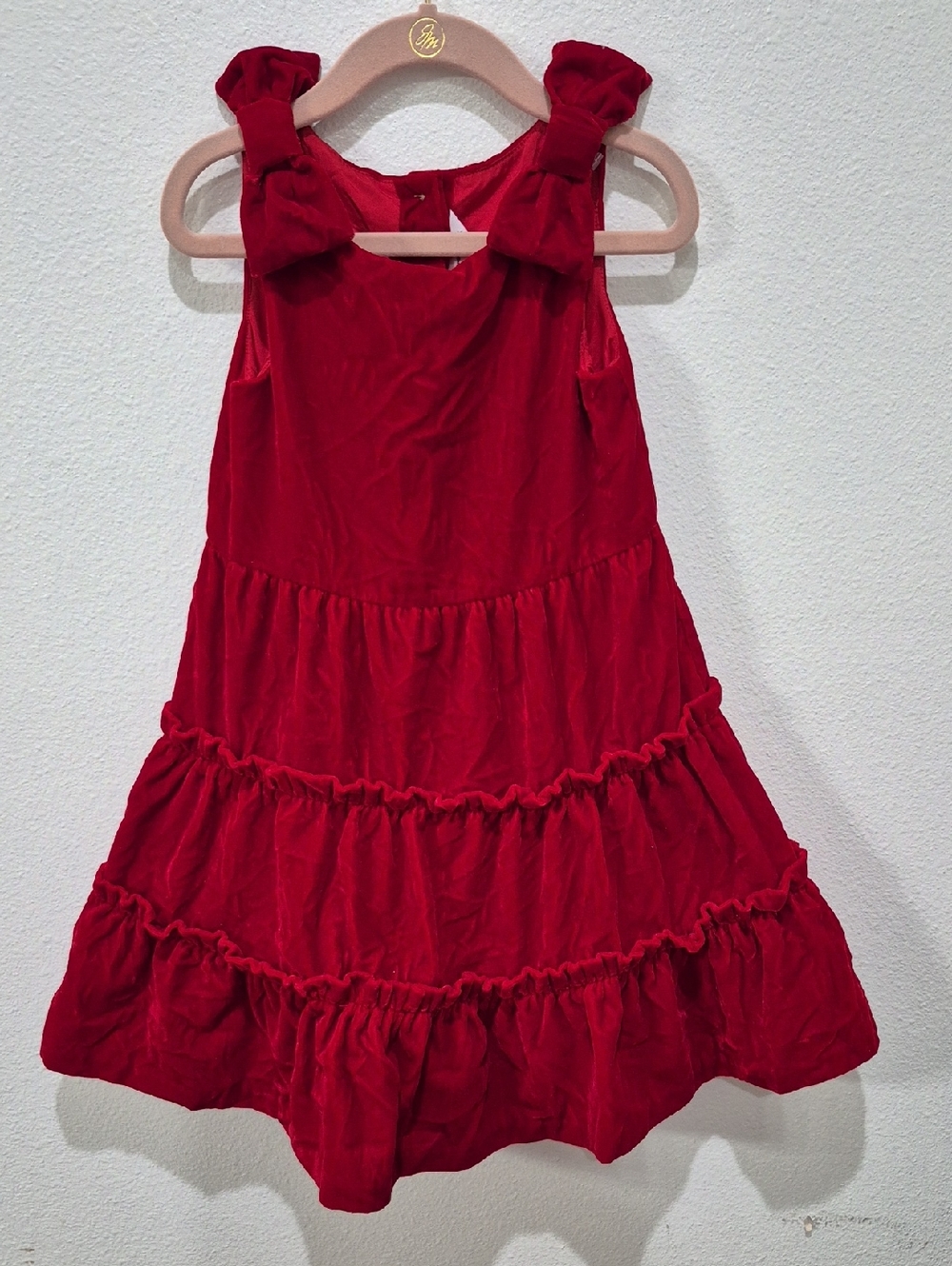 JANIE AND JACK Girls VELVET  Red Tiered Bow-Shoulder Dress SIZE 4.